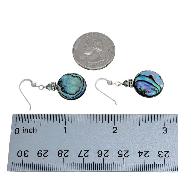 Vintage Sterling Silver 925 Abalone Disk Crystal Dangle Earrings - Picture 4 of 5